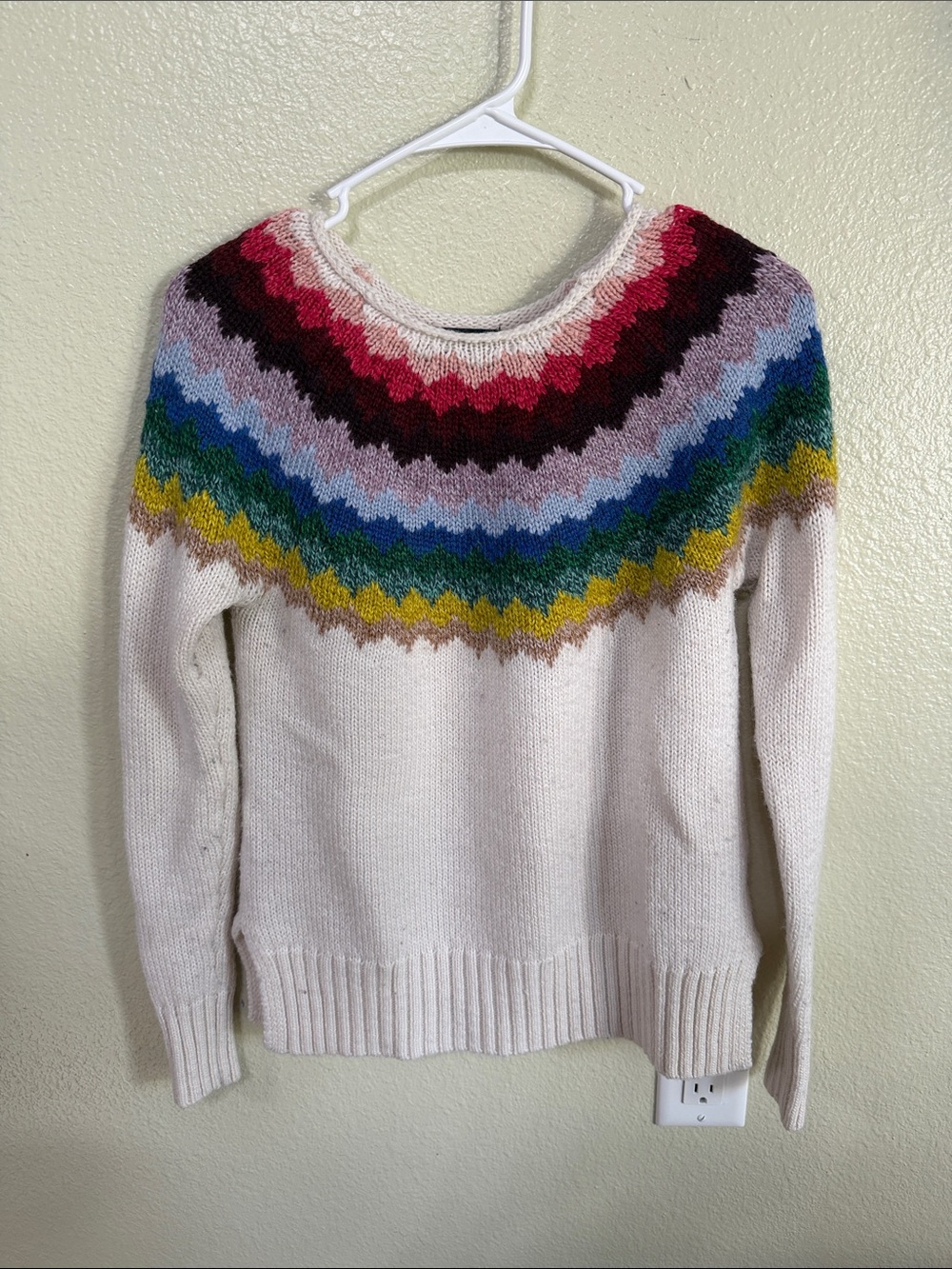 American Eagle Outfitters Ivory Fair Isle Yoke Sweater with Rainbow Accents